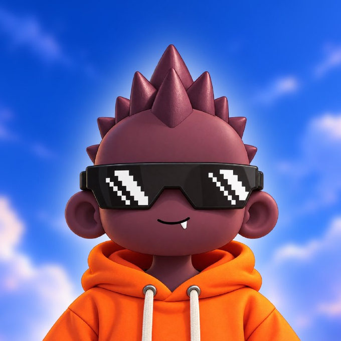 A 3D-rendered character with spiked purple hair, pixelated "deal with it" sunglasses, and a fanged smirk wears an orange hoodie against a cloudy blue sky, radiating maximum "deal with it" energy to earn top-tier cute points.