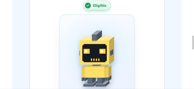 A pixel-art yellow robot appears in a pale blue interface beneath a green “Eligible” label.
