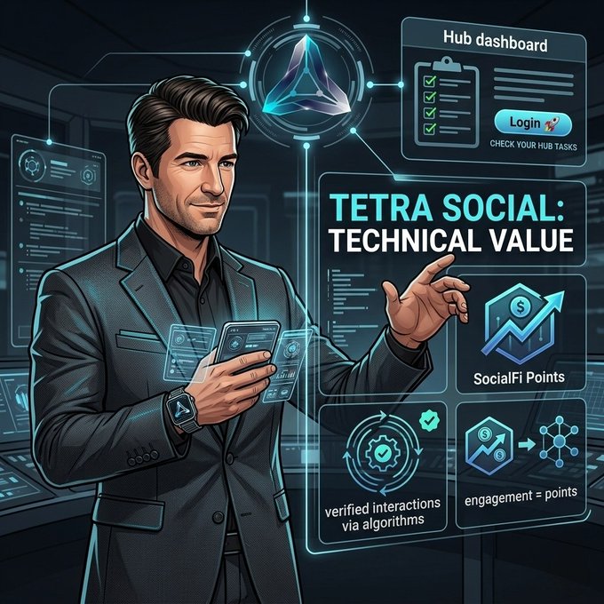 A digital illustration of a man in a suit holding a phone, surrounded by holographic interfaces for 'TETRA SOCIAL: TECHNICAL VALUE,' featuring a Hub dashboard, SocialFi Points, verified interactions, and engagement charts.