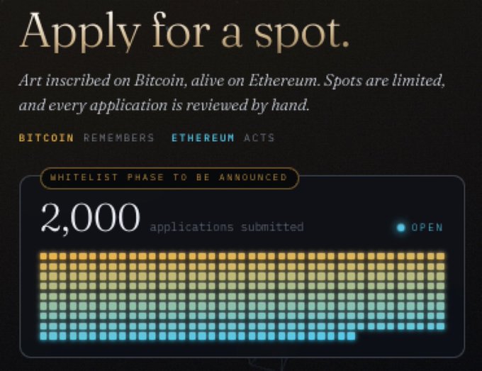 A dark promotional webpage titled 'Apply for a spot' advertising 'Art inscribed on Bitcoin, alive on Ethereum,' showing '2,000 applications submitted' with 'BITCOIN REMEMBERS ETHEREUM ACTS' and a 'WHITELIST PHASE TO BE ANNOUNCED.'