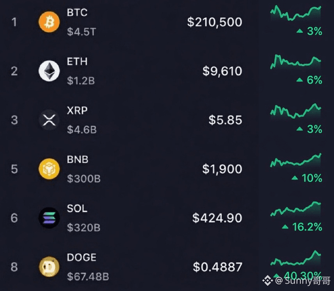 Cryptocurrency price list showing BTC at $210,500 (+3%), ETH at $9,610 (+6%), XRP at $5.85 (+3%), BNB at $1,900 (+10%), SOL at $424.90 (+16.2%), and DOGE at $0.4887 (+40.30%), all in green/uptrend.