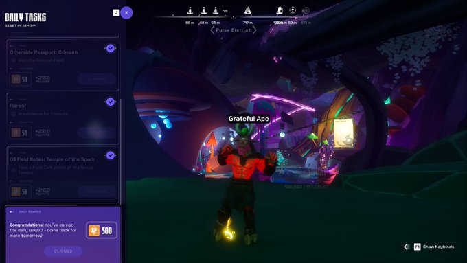 The image shows a computer screen displaying a video game interface with various options, including a character named "Gratitude App" that appears to be the main focus of the scene. The background features a purple sky and green trees, creating an immersive gaming environment. A person is standing in front of this backdrop, possibly interacting with the game or preparing for their next task.