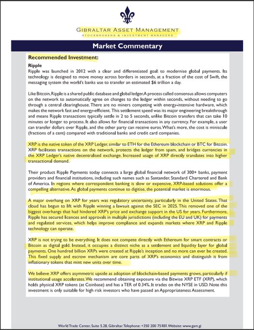 The image shows a document with yellow text, likely an article or report, discussing the benefits of investing in Ripple cryptocurrency. The focus on this particular piece of information suggests that the content may be relevant to the viewer's interests or financial decisions.