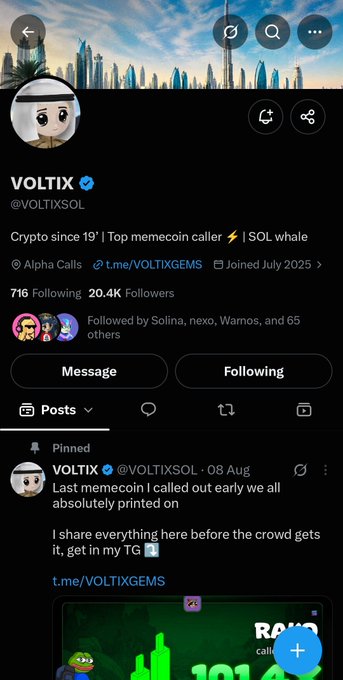A Twitter/X profile for 'VOLTIX' (@VOLTIXSOL) describes itself as 'Crypto since 19' | Top memecoin caller | SOL whale', with a pinned post from August 8 about a memecoin call.
