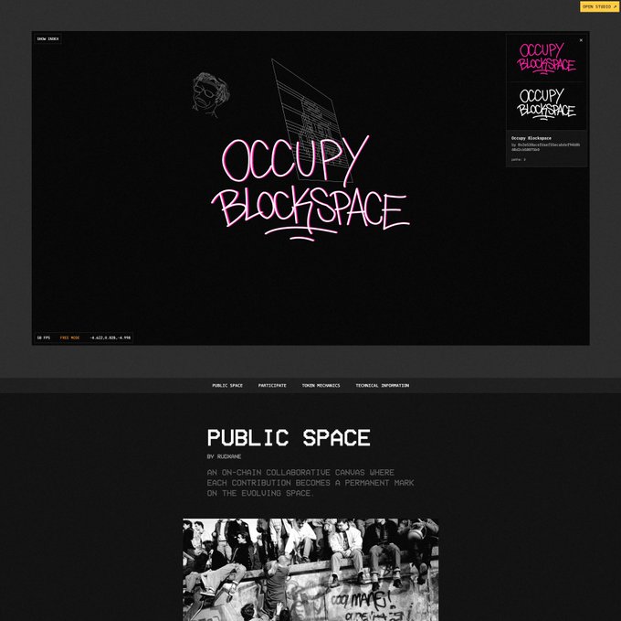 A website screenshot titled 'OCCUPY BLOCKSPACE' with pink graffiti-style text on a black background, featuring a 'PUBLIC SPACE' section by 'MUDKIND' that describes an on-chain collaborative canvas.