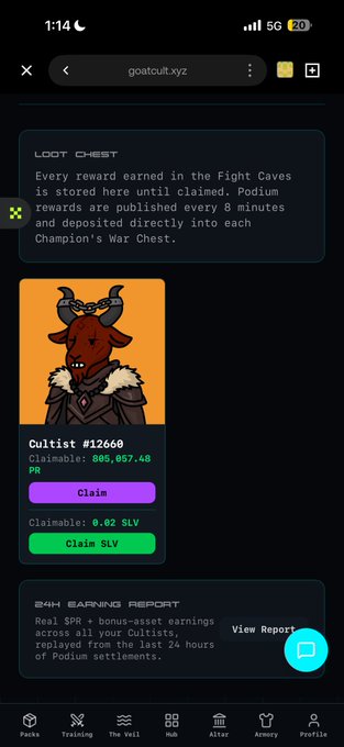 The image shows a "LOOT CHEST" page on goatcult.xyz featuring Cultist #12660 with claimable rewards of 885,057.48 PR and 0.02 SLV, plus a "24H EARNINGS REPORT" showing real SPR + bonus-asset earnings across all Cultists. The screenshot directly supports the post's claim of earning passive $PR rewards, as it displays the actual accrued token amount from staking an NFT.