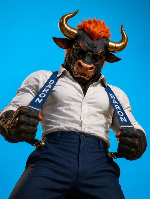 A character wearing a black bull mask with orange hair, white dress shirt, and blue suspenders that read 'BARON' on both straps, set against a bright blue background.