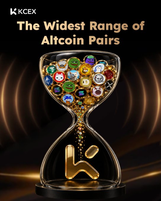 An advertisement for KCEX cryptocurrency exchange featuring an hourglass filled with various altcoin tokens and the text "The Widest Range of Altcoin Pairs."