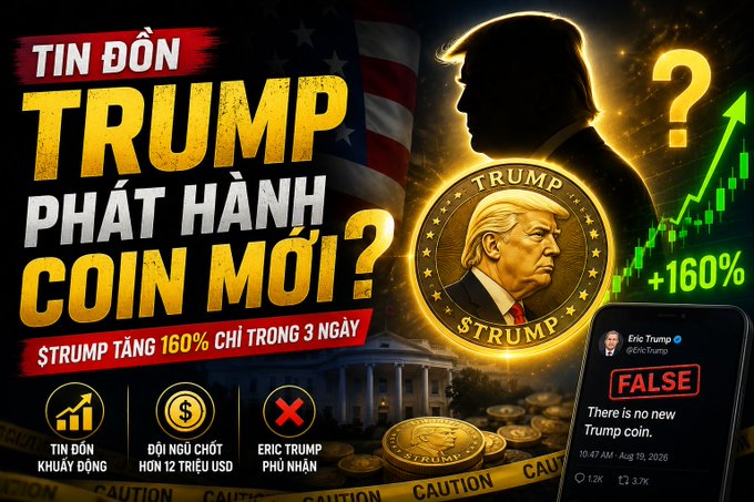 A bold promotional graphic in Vietnamese headlines "TIN ĐỒN TRUMP PHÁT HÀNH COIN MỚI?" (Rumor: Trump launching new coin?) and "TRUMP tăng 160% chỉ trong 3 ngày" (TRUMP up 160% in just 3 days), featuring a silhouette of Donald Trump alongside a golden $TRUMP coin and a chart showing a +160% gain. The image supports the post's claim about a pump fueled by a rumored new coin launch, highlighted by a screenshot of Eric Trump's tweet denying the rumor and an alert showing "ĐỘI NGŨ CHỐT HƠN 12 TRIỆU USD" (team cashed out over $12 million).