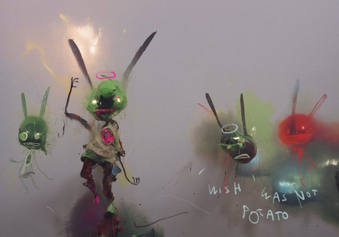 A digital painting of whimsical creatures with long antennae, featuring handwritten text reading "wish was not potato."