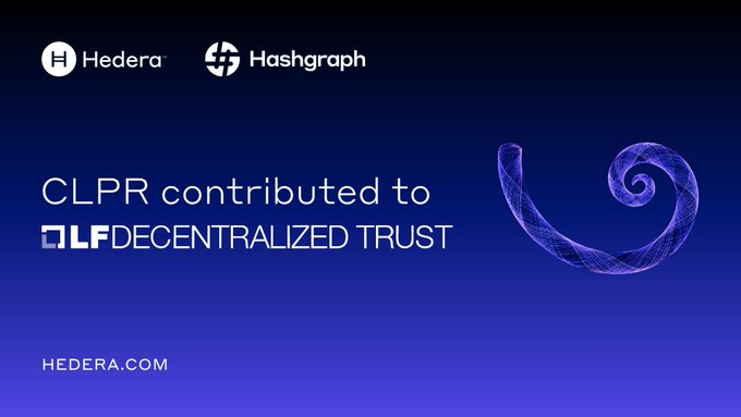 A promotional graphic for Hedera Hashgraph announcing that "CLPR contributed to LF DECENTRALIZED TRUST" with a purple wave logo on a blue gradient background.