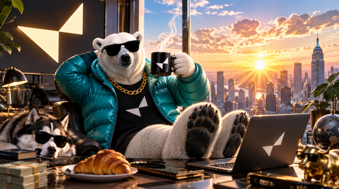 An AI-generated image of a polar bear wearing sunglasses, a gold chain, and a teal puffer jacket sitting at a desk with a husky, holding a mug, with a city skyline at sunset in the background.