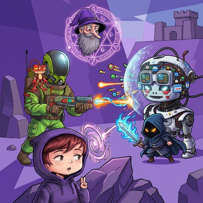 A vibrant cartoon scene featuring a space-suited astronaut firing a laser at a robot warrior alongside a hooded swordsman, with a wizard's bearded face floating in a mystical rune circle above, and a young boy making a peace sign in the foreground—representing the eclectic mix of NFT collections like Kokomo and Kageuri mentioned in the post.