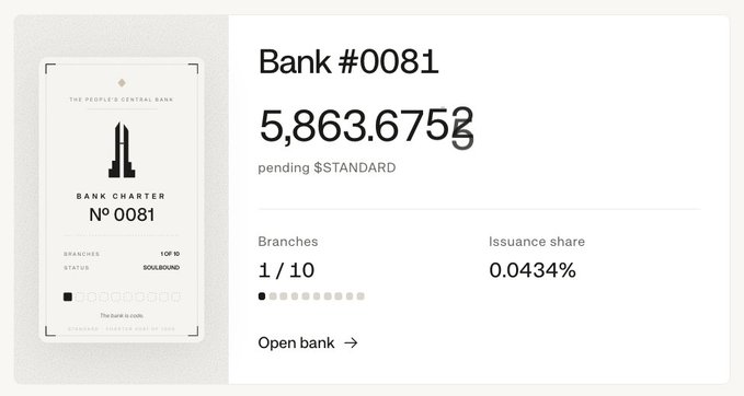 A digital interface for 'Bank #0081' showing a balance of 5,863.6753 pending $STANDARD, with 1/10 branches and an issuance share of 0.0434%, displayed alongside a bank charter certificate.