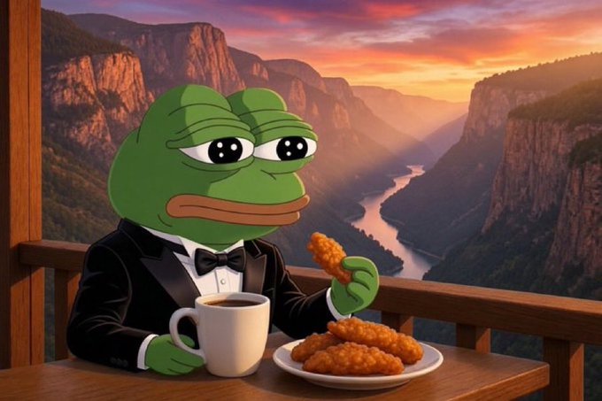 The image shows a Sad Pepe dressed in a tuxedo sitting at a table against a breathtaking canyon sunset backdrop, sipping coffee and eating fried chicken tenders (a nod to the "$TENDIES" ticker mentioned). The meme perfectly captures the bittersweet "tendies" theme—treating meme gains like a fancy dinner—while the Sad Pepe reflects the poster's frustrated pivot away from Solana memes toward the Robinhood-connected $TENDIES.