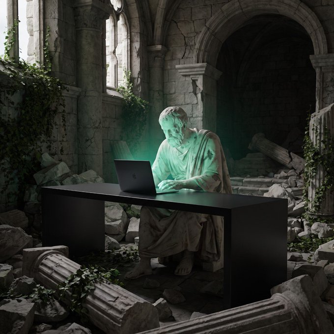 A surreal digital artwork of a classical marble statue of a bearded figure sitting at a modern black desk using a laptop in an ancient ruined building overgrown with ivy, with eerie green light emanating from the laptop.
