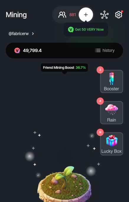 The image shows a "Mining" interface displaying a balance of 49,799.4 V tokens for user @fabricerw, with features including a Friend Mining Boost of 36.7%, and options for Booster, Rain, and Lucky Box. The post promotes missing out on $VERY coin by @verylabs in 2026, with the screenshot illustrating the VeryLabs mining app where users can accumulate V tokens, reinforcing the call not to miss this crypto opportunity.