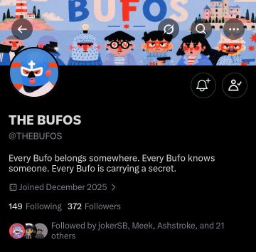 A Twitter/X profile page for THE BUFOS (@THEBUFOS), a pixel-art NFT collection, showing their banner with graduation-themed characters and the bio 'Every Bufo belongs somewhere. Every Bufo knows someone. Every Bufo is carrying a secret.'