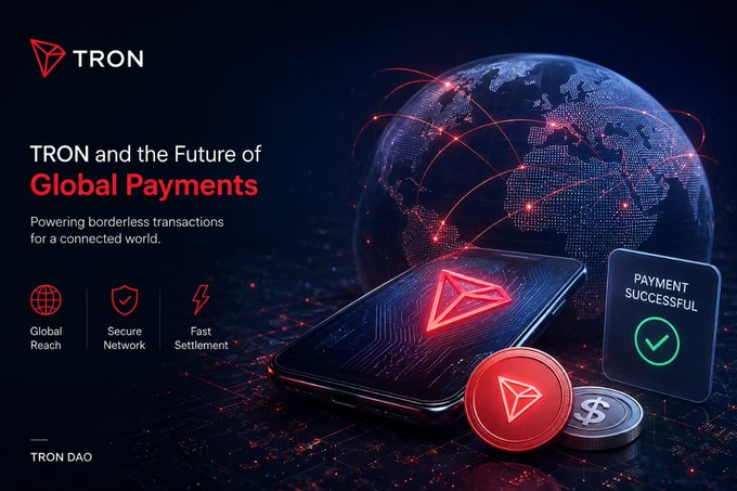 A promotional graphic titled "TRON and the Future of Global Payments" featuring the TRON logo, a globe with network connections, a smartphone displaying the TRON symbol, TRX and dollar coins, and a "Payment Successful" notification. Text highlights "Powering borderless transactions for a connected world," "Global Reach," "Secure Network," and "Fast Settlement," with "TRON DAO" at the bottom.