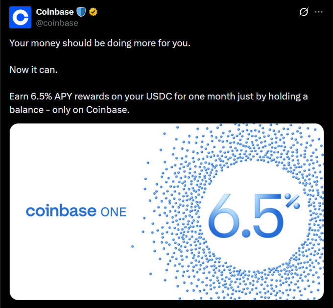 A Coinbase tweet advertising 6.5% APY rewards on USDC holdings for one month through Coinbase ONE.
