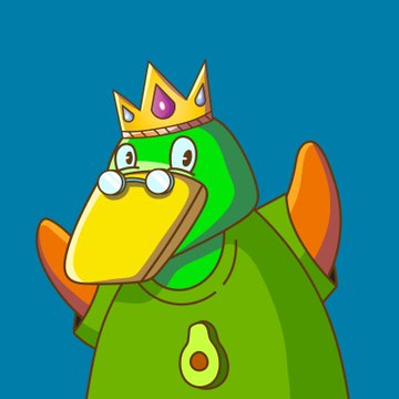 A cartoon illustration of a green dinosaur character with orange spikes wearing a gold crown adorned with colorful jewels, and a small avocado emblem on its chest, set against a solid teal background.