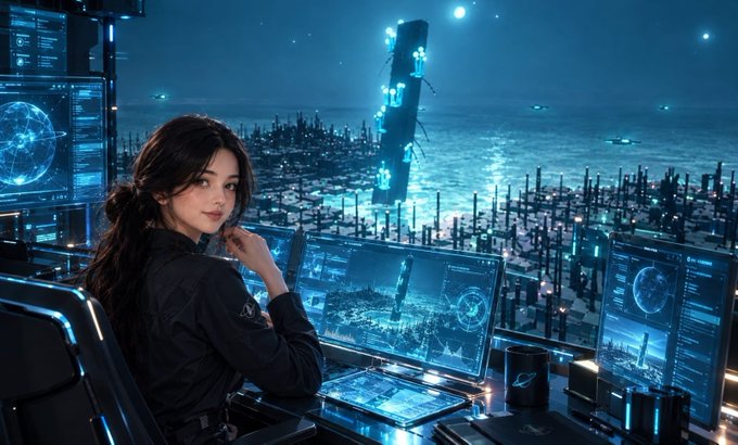 An AI-generated digital artwork depicts a woman with dark hair at a high-tech control station overlooking a futuristic cityscape with glowing blue towers and monitors.