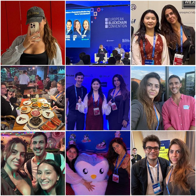 A collage of photos documents attendance at the 'European Blockchain Convention,' featuring panels, networking events, selfies, a group dinner, and a person hugging a pink mascot.