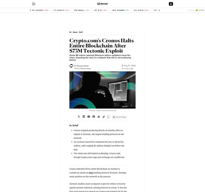 Decrypt news article headlined 'Crypto.com's Cronos Halts Entire Blockchain After $75M Tectonic Exploit,' reporting $6 million was bridged out before the chain froze.