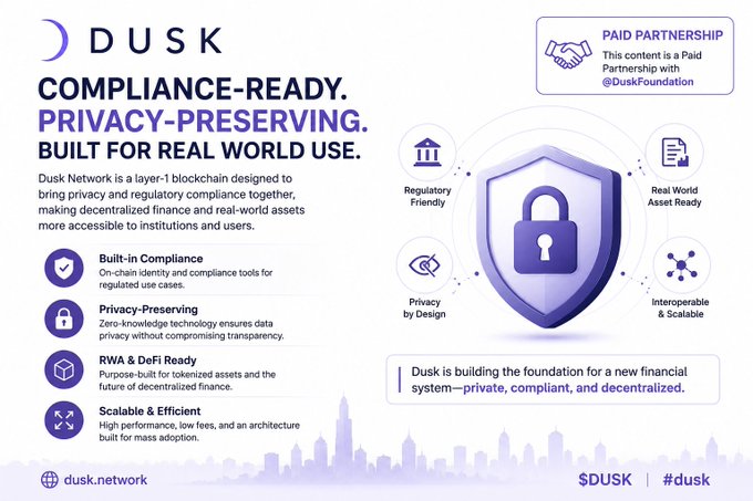 An informational graphic for Dusk Network titled 'COMPLIANCE-READY. PRIVACY-PRESERVING. BUILT FOR REAL WORLD USE,' highlighting features such as Built-in Compliance, Privacy-Preserving, RWA & DeFi Ready, and Scalable & Efficient, with the website dusk.network and tag $DUSK.