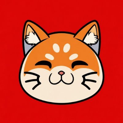 A cartoon illustration of a smiling orange and white Shiba Inu dog's face on a solid red background.