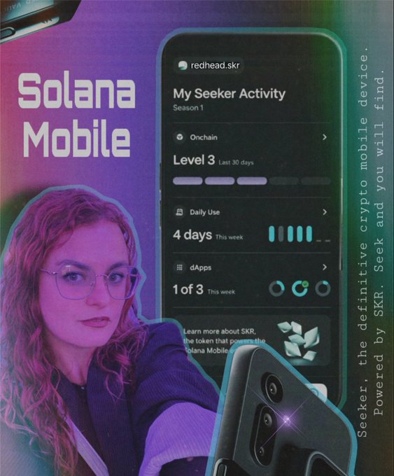 A promotional graphic for 'Solana Mobile' featuring a woman with glasses and a phone interface showing 'redhead.skr' activity, with Turkish text on the right side reading 'Seekernet.'