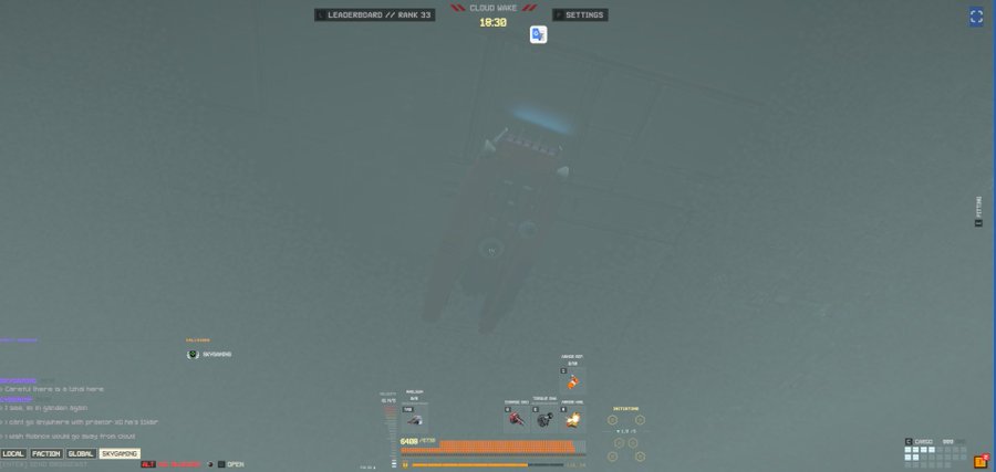 A screenshot of a video game showing a dark spacecraft in a gray environment, with interface elements including 'LEADERBOARD // RANK 33', 'CLOUD WAKE', '18:39', and chat messages.