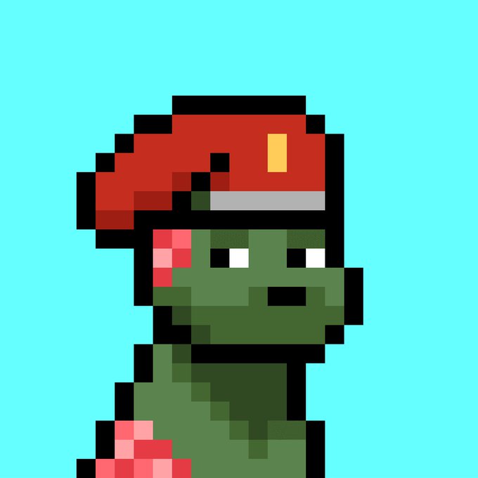 A pixel art illustration of a green dinosaur-like creature with a red cap, set against a teal background, visually complements the post's playful "Woof woof" caption about Doginal Dogs. The image appears unrelated to dogs directly, but its cute, collectible aesthetic fits the fun, meme-like tone of promoting Doginal Dogs to potential holders.
