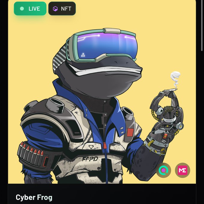 A digital illustration of a futuristic cyber frog wearing blue goggles and tactical gear, labeled 'Cyber Frog' with 'LIVE' and 'NFT' badges at the top.