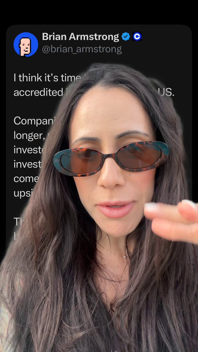 The image features a woman with long brown hair wearing sunglasses, holding up her hand as if she's about to make a gesture or point at something. The caption of the image reads "LOVE THE TAKE ON THE ACCREDITED INVESTOR LAW @brian_armstrong THANK YOU FOR ADVOCATING FOR RETAIL BICO WAS CREATED FOR RETAIL!". This suggests that the woman is promoting an online store, specifically a Bitcoin and cryptocurrency-related one. The post seems to be discussing the benefits of retail Bitcoin and how it can be used for various purposes such as investing or purchasing goods and services.