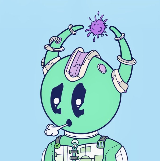 Cartoon-style illustration of a green alien-like character in a spacesuit with mechanical antennae, smoking a bone, with a purple ink splatter above its head.