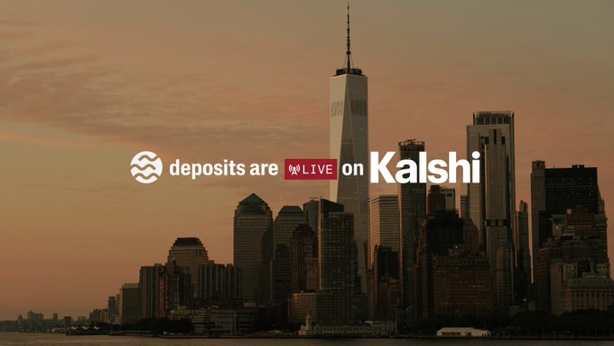 A promotional image with the New York City skyline at dusk, overlaid with the text 'deposits are LIVE on Kalshi'.