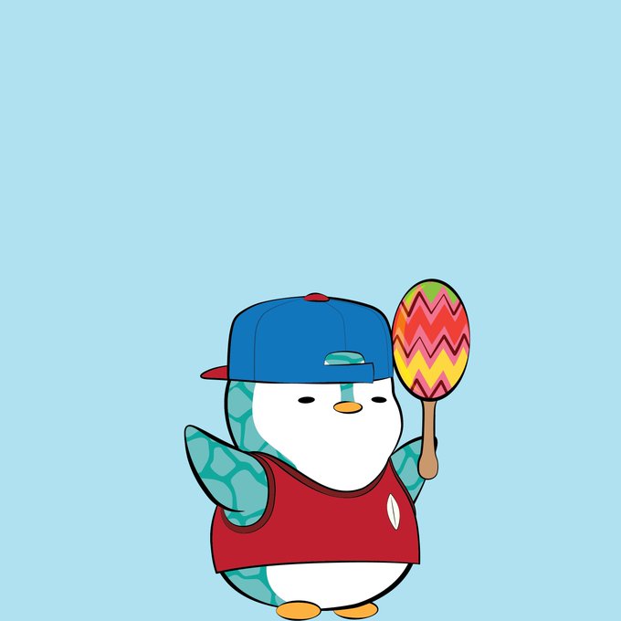 A cartoon penguin character wearing a backwards blue cap and a red tank top, holding a colorful maraca against a light blue background.