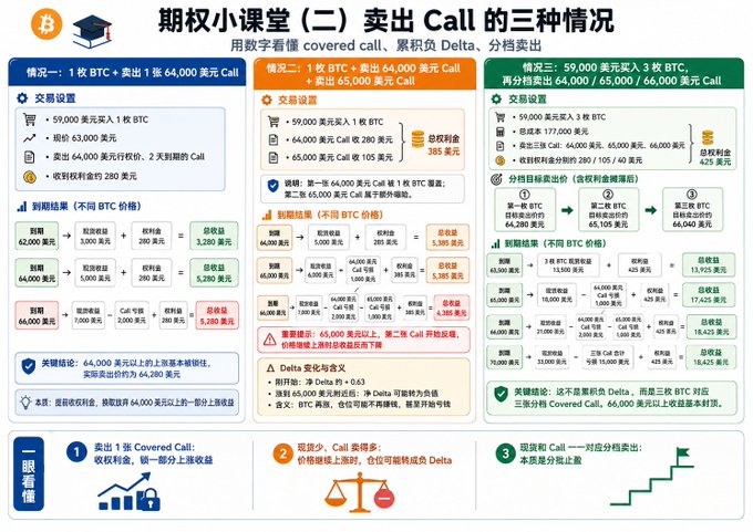 A Chinese-language educational infographic titled '期权小课堂 (二) 卖出 Call 的三种情况' explains three scenarios for selling call options with numerical examples of profit and loss.