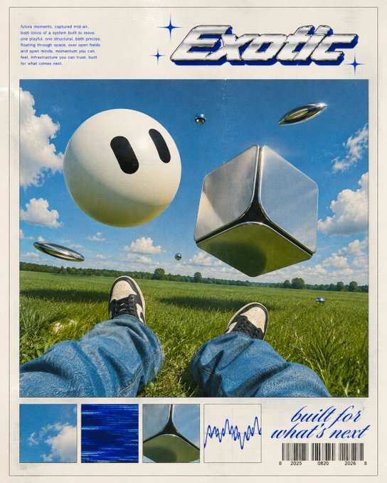A retro-style poster titled 'Exotic' featuring a white sphere and a metallic cube floating over a green field, with the tagline 'built for what's next'.