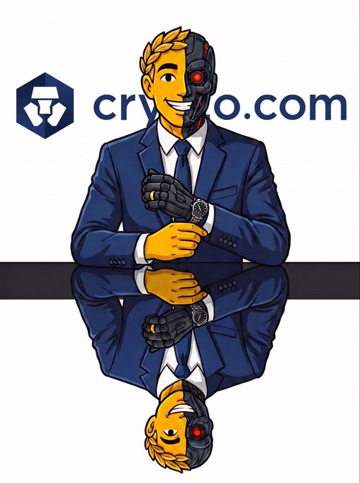 A digital illustration for crypto.com featuring a man in a blue suit with a partially robotic face and hand, showing a reflection of himself on a glossy surface below.