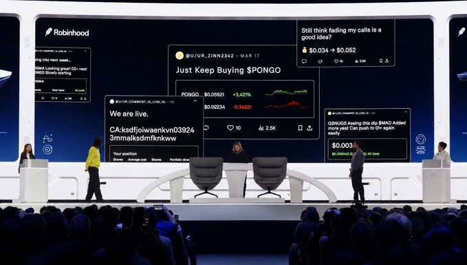 A stage presentation with a large Robinhood-branded screen displaying mock cryptocurrency posts including 'Just Keep Buying $PONGO' with prices like '$0.034 → $0.052' and 'PONGO. $0.05921 +3,421%'.