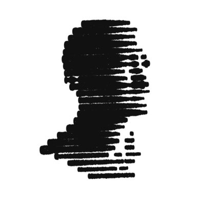 An abstract black scribble composed of horizontal brush strokes forms a rough rectangular shape on a white background.