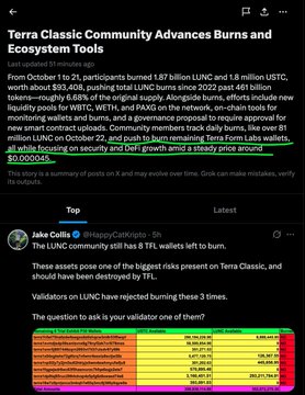 A dark-mode social media post titled “Terra Classic Community Advances Burns and Ecosystem Tools” explains that the LUNC community burn has surpassed 1.87 billion LUNC and includes a staking calculator image.