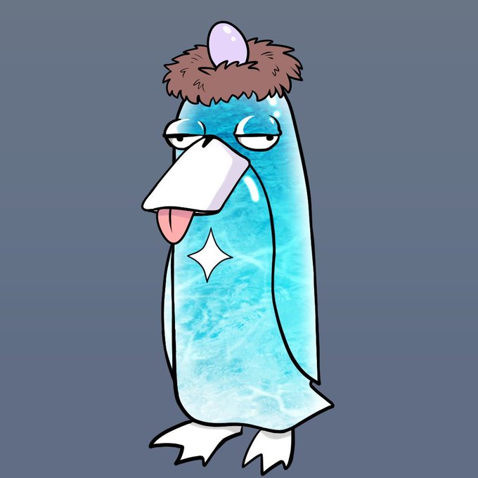 A cartoon drawing of a tired-looking blue penguin-like creature with a brown fuzzy head, wearing a white bib with a sparkle on it, sticking its tongue out.