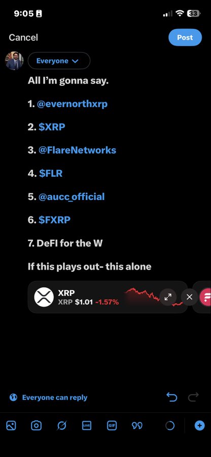 A Twitter/X post draft with hashtags related to crypto tokens like $XRP, $FLR, $FXRP, and accounts like @evernorthxrp, @FlareNetworks, and @aucc_official, mentioning DeFi, with an attached XRP price chart showing $1.01 (-1.57%).