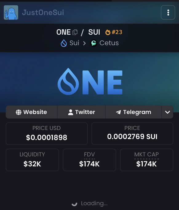 The image displays a token page for "ONE" on the Sui network (ranked #23), showing key metrics including a price of $0.0001898 USD, liquidity of $32K, and an FDV/MKT cap of $174K, traded on Cetus DEX via JustOneSui. This relates to the post confirming EmanAbio's purchase of the $ONE SUIPUMP token on Sui, with the image providing the current market data and trading details for that very token.