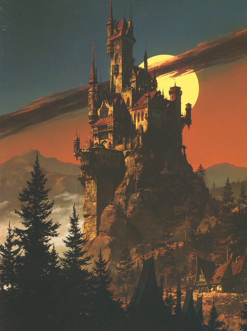 An illustration depicts a fantasy gothic castle perched on a rocky cliff under a massive orange moon, with pine trees and a small village in the foreground.