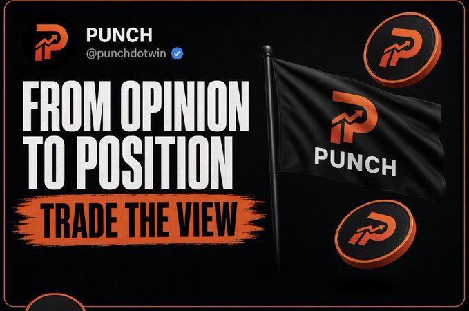 A promotional graphic for 'PUNCH' (@punchdotwin) with the tagline 'FROM OPINION TO POSITION - TRADE THE VIEW', featuring a black flag with the orange P logo and circular coin-style logos.