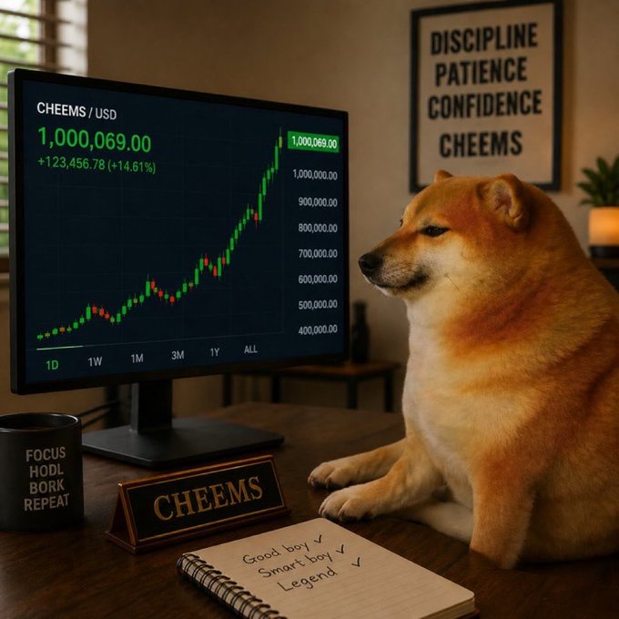 A Shiba Inu dog (Cheems) sits beside a monitor displaying a CHEEMS/USD chart at $1,000,069.00 (+14.61%), framed by motivational signs reading "DISCIPLINE PATIENCE CONFIDENCE CHEEMS" and a mug saying "FOCUS HODL BORK REPEAT," reinforcing the post's message that Cheems reaching such heights is inevitable.

A Shiba Inu dog (Cheems) sits beside a monitor displaying a CHEEMS/USD chart at $1,000,069.00 (+14.61%), framed by motivational signs reading "DISCIPLINE PATIENCE CONFIDENCE CHEEMS" and a mug saying "FOCUS HODL BORK REPEAT," reinforcing the post's message that Cheems reaching such heights is inevitable.
